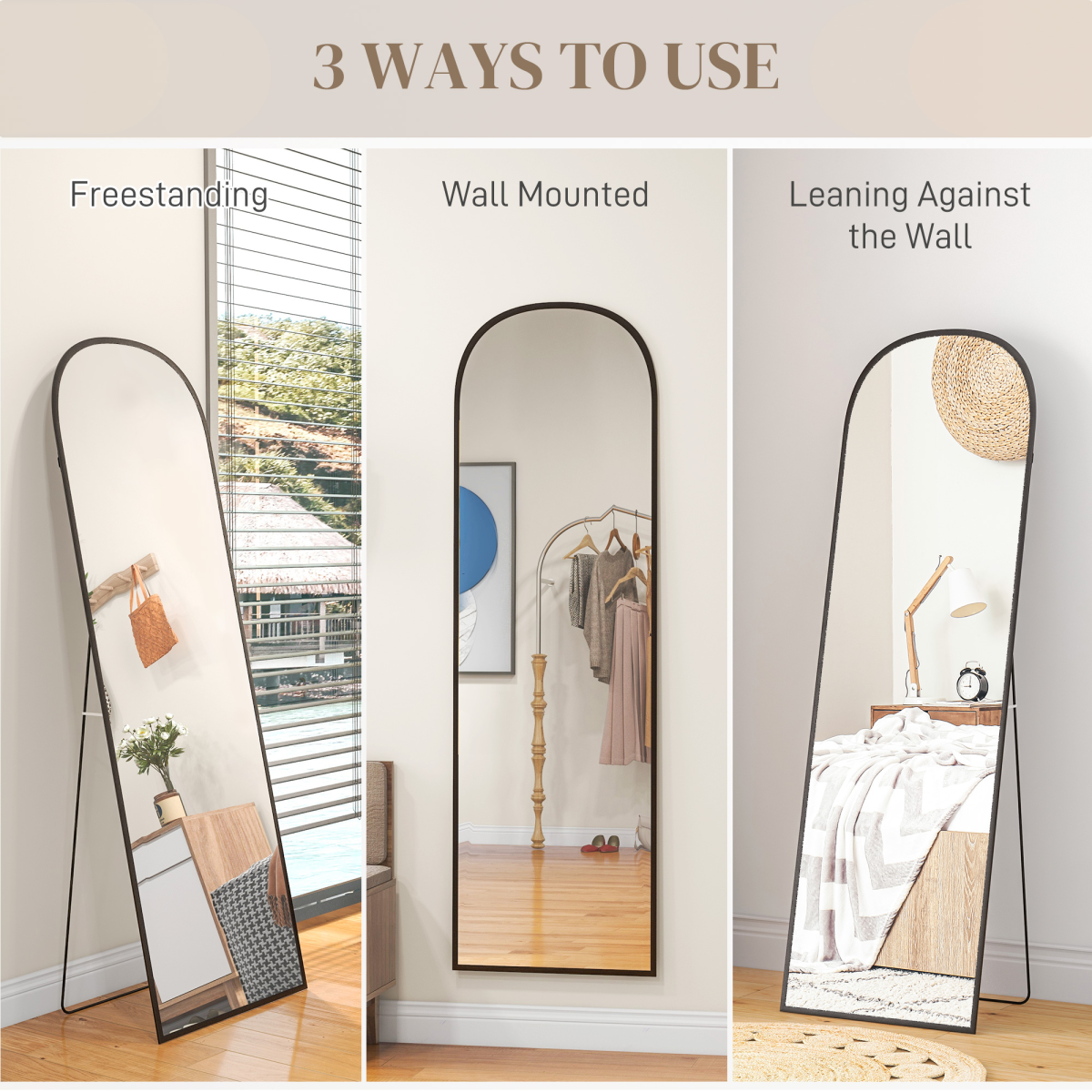 Full Length Mirror with Aluminium Alloy Frame Hanging or Leaning Black