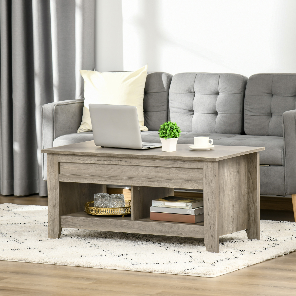 Lift Top Coffee Table w/ Hidden Storage Compartment & Shelves Oak