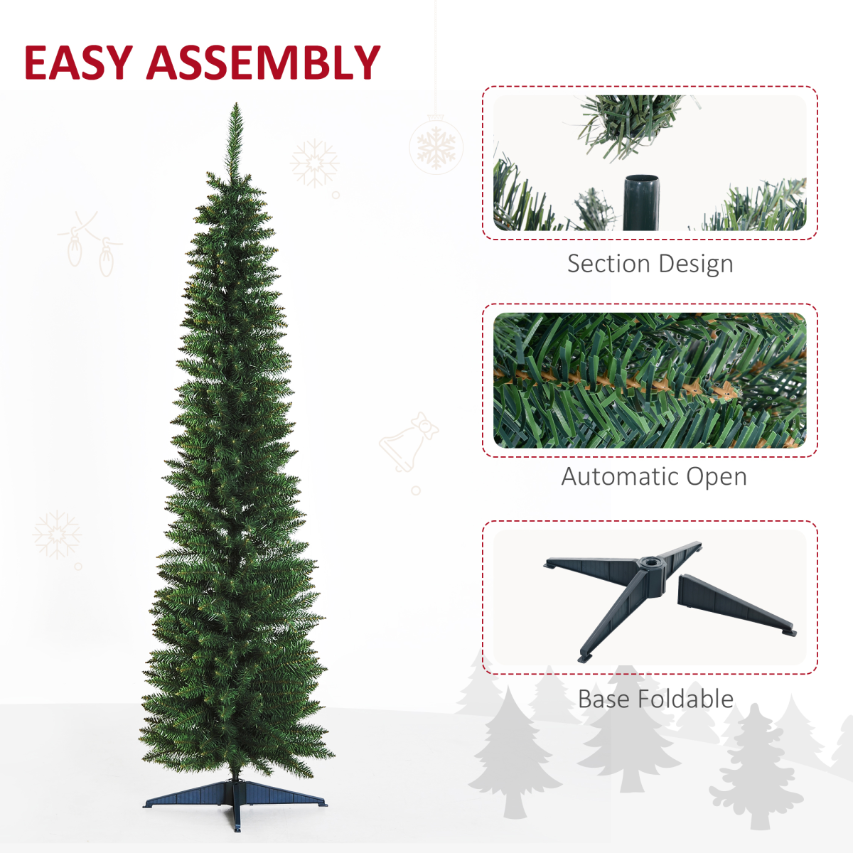 2.1m 7ft Artificial Pine Pencil Slim Christmas Tree 499 Branch Tips with Stand