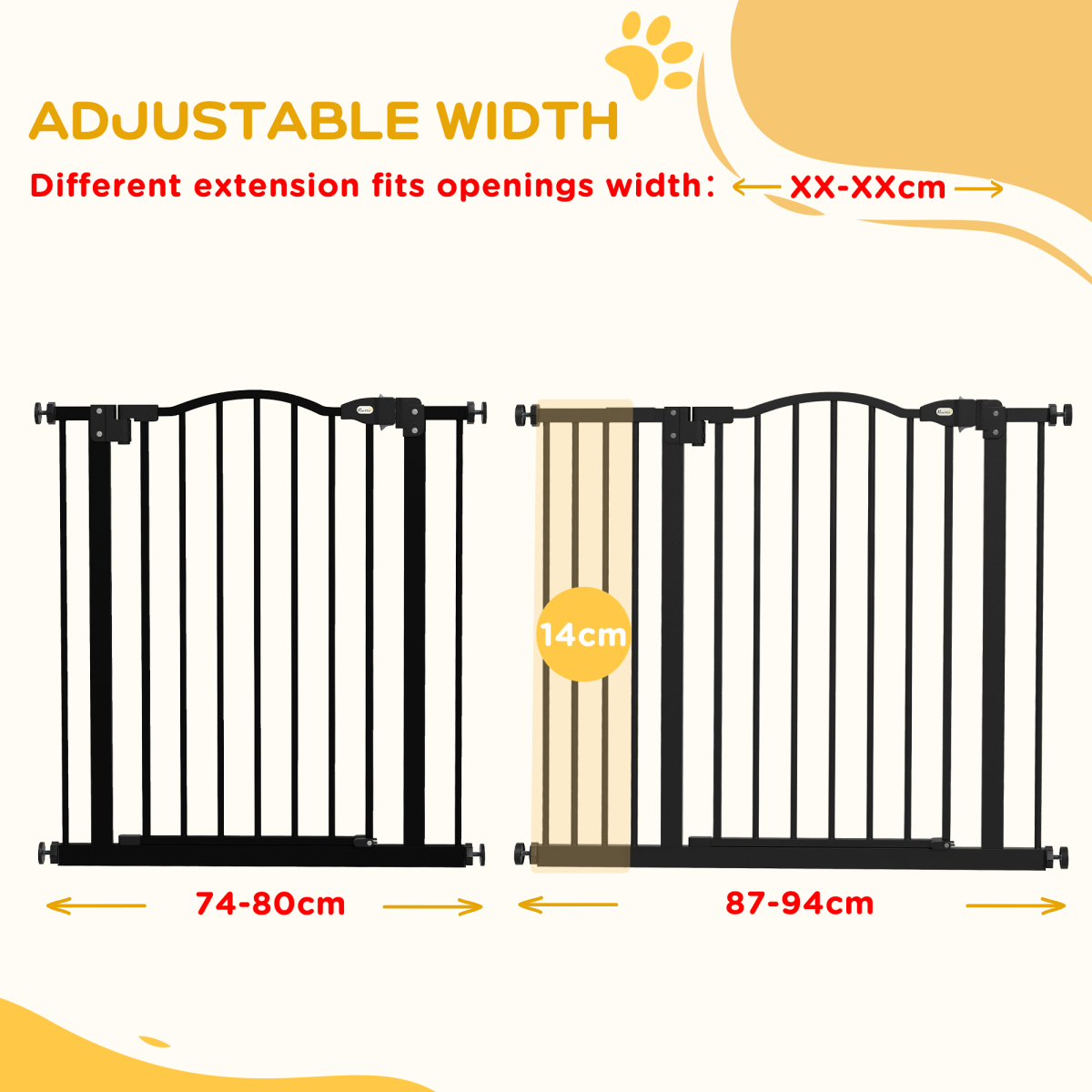 PawHut 74-94cm Adjustable Metal Pet Gate Safety Barrier w/ Auto-Close Black