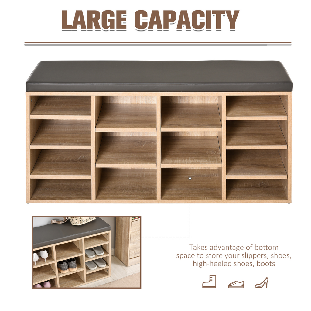 Multi-Storage Shoe Rack 14 Compartments Cushion Moving Shelves Brown
