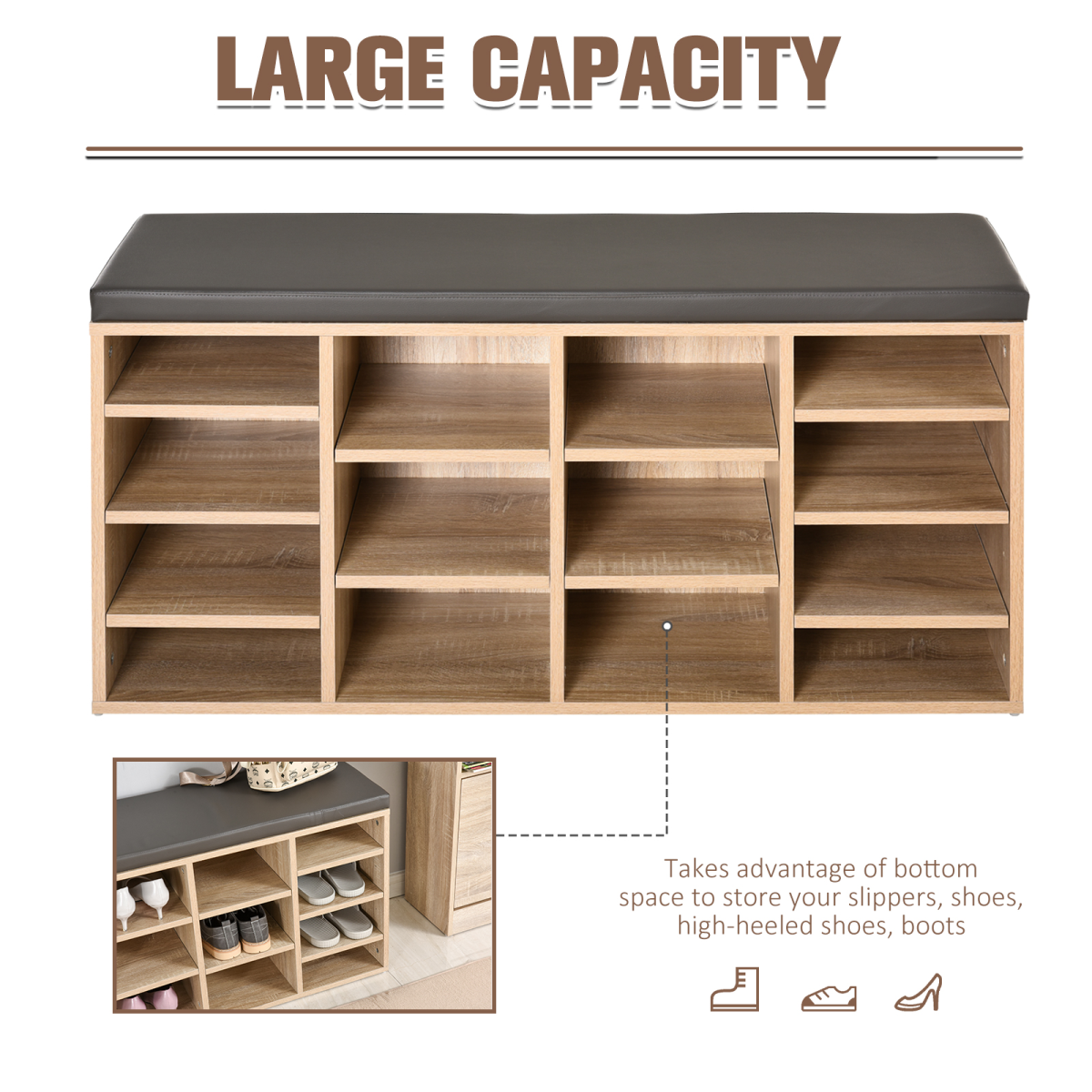 Multi-Storage Shoe Rack 14 Compartments Cushion Moving Shelves Brown
