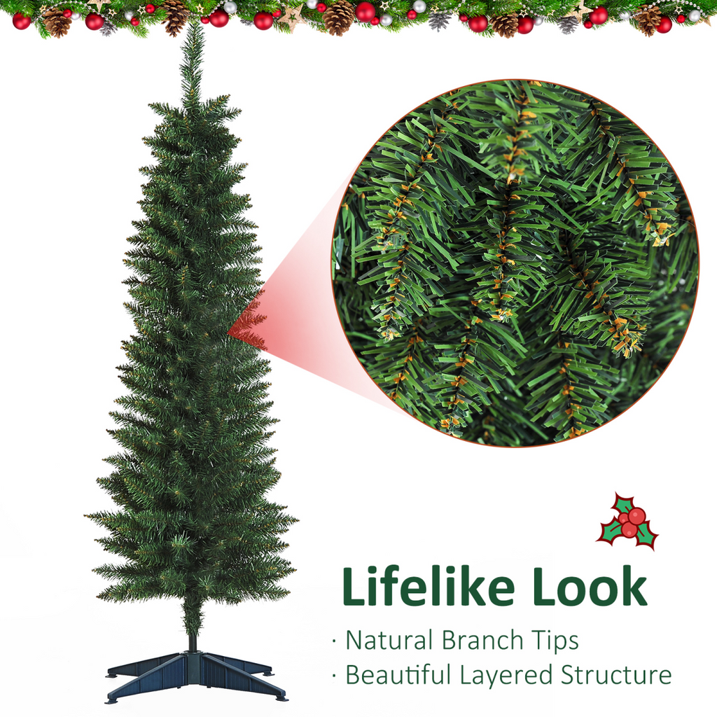 1.5m 5ft Artificial Pine Pencil Slim Christmas Tree 294 Branch Tips with Stand