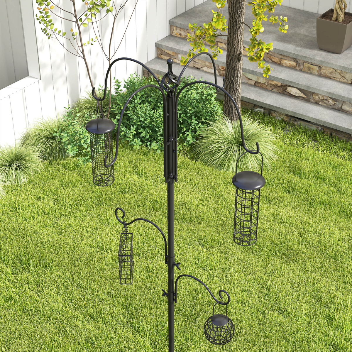 Bird Feeding Station Kit Wild Bird Feeder Pole with 6 Hooks 4 Hanging Feeders