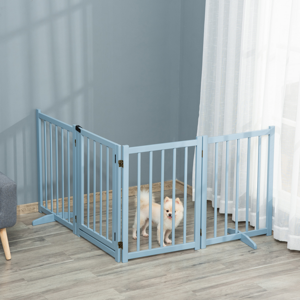 Wooden Foldable Dog Safety Barrier with 4 Panels for Small&Medium Dogs Blue Grey