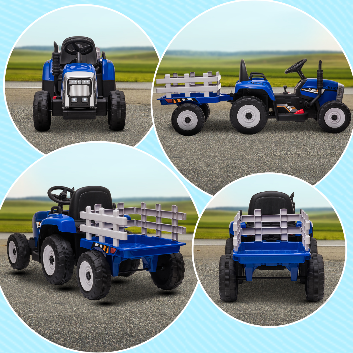 Ride on Tractor with Detachable Trailer, Remote Control, Music - Blue