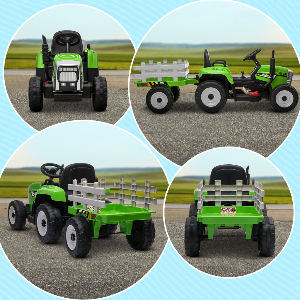 Ride on Tractor with Detachable Trailer, Remote Control, Music - Green