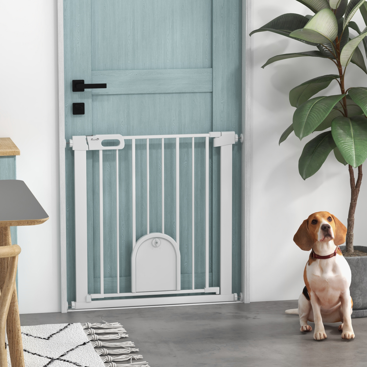 PawHut 75-82 cm Pet Safety Gate Pressure Fit Stair with Small Door Double Locking