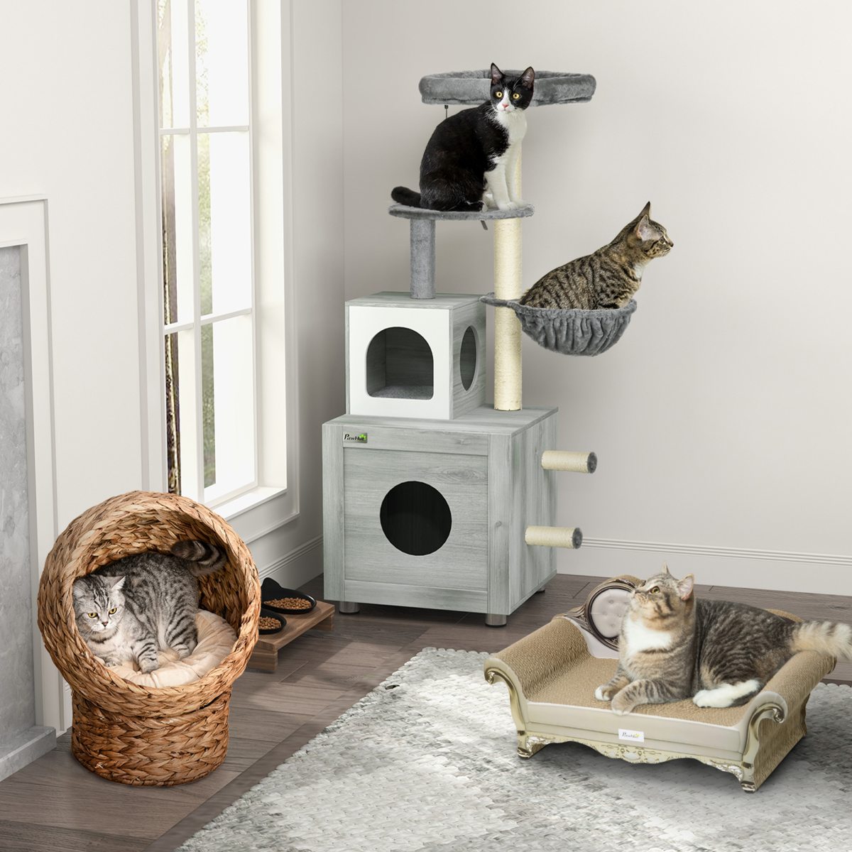Wicker Cat House, Raised Cat Bed with Cylindrical Base, 42 x 33 x 52cm