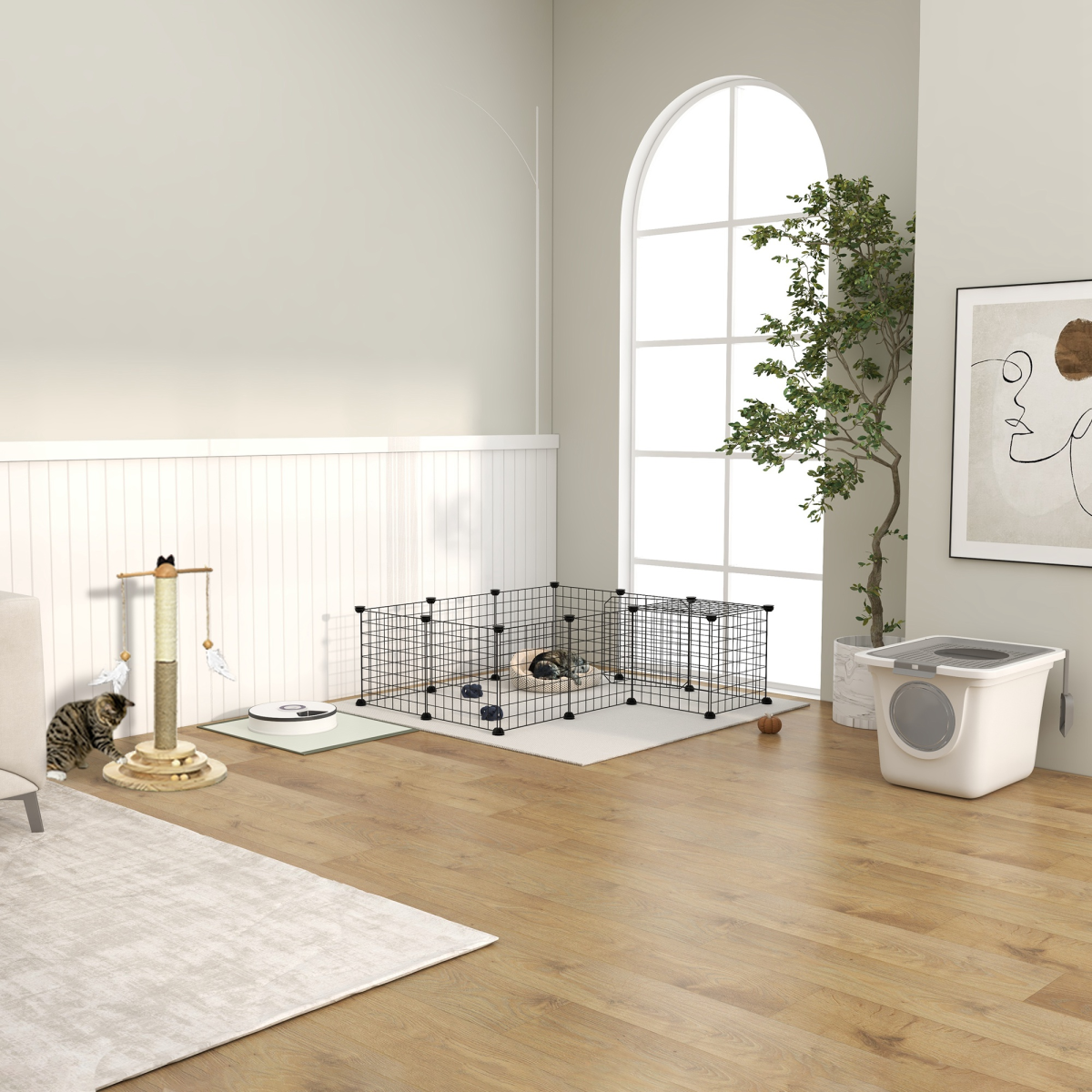 Cat Litter Tray Pet Litter Box Toilet with Front Entrance, Top Exit, Scoop - White