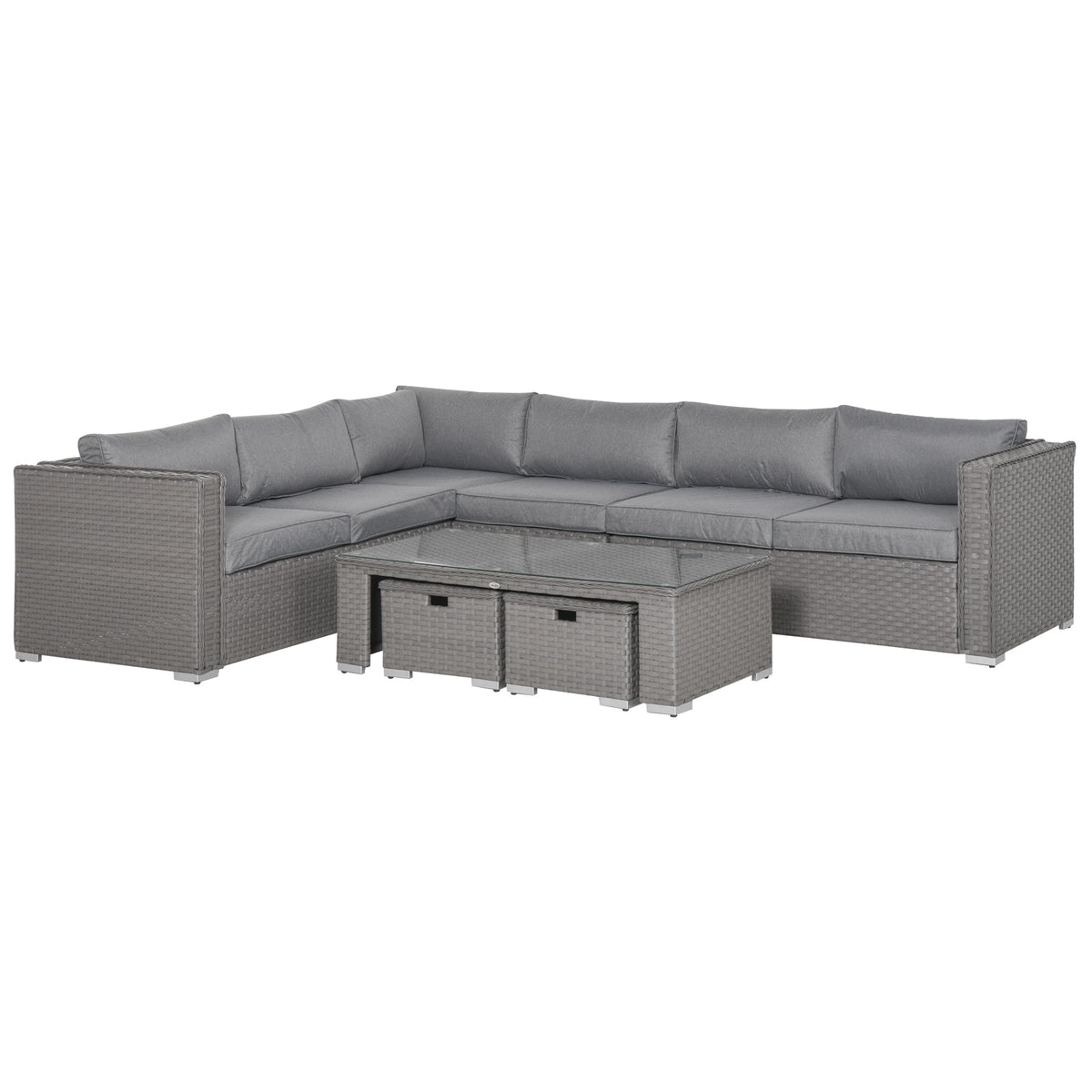 6 PCs PE Rattan Wicker Corner Sofa Set Coffee Table Footstool with Cushion - Grey