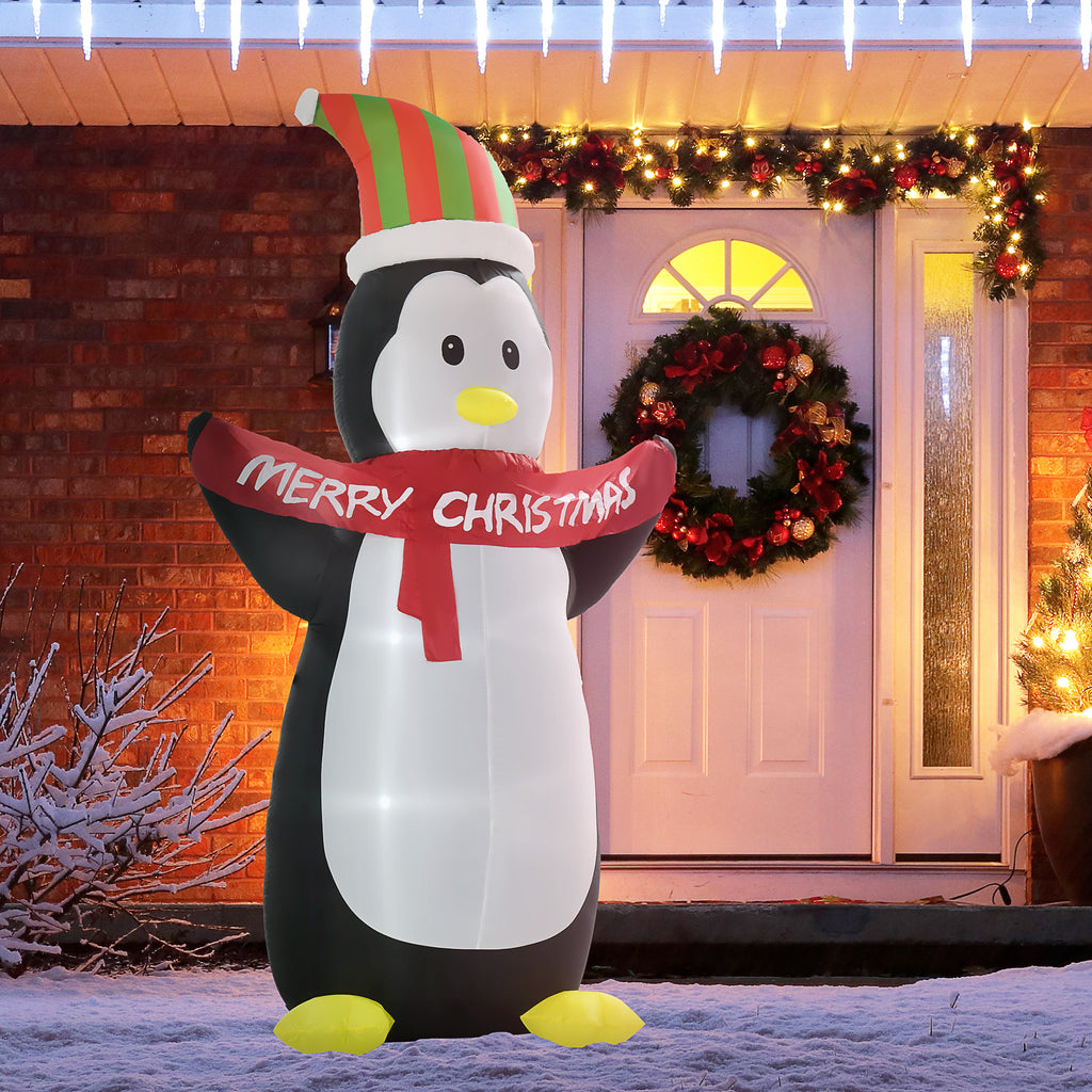 8ft Inflatable Penguin & Christmas Banner Decoration Inner LED Lights