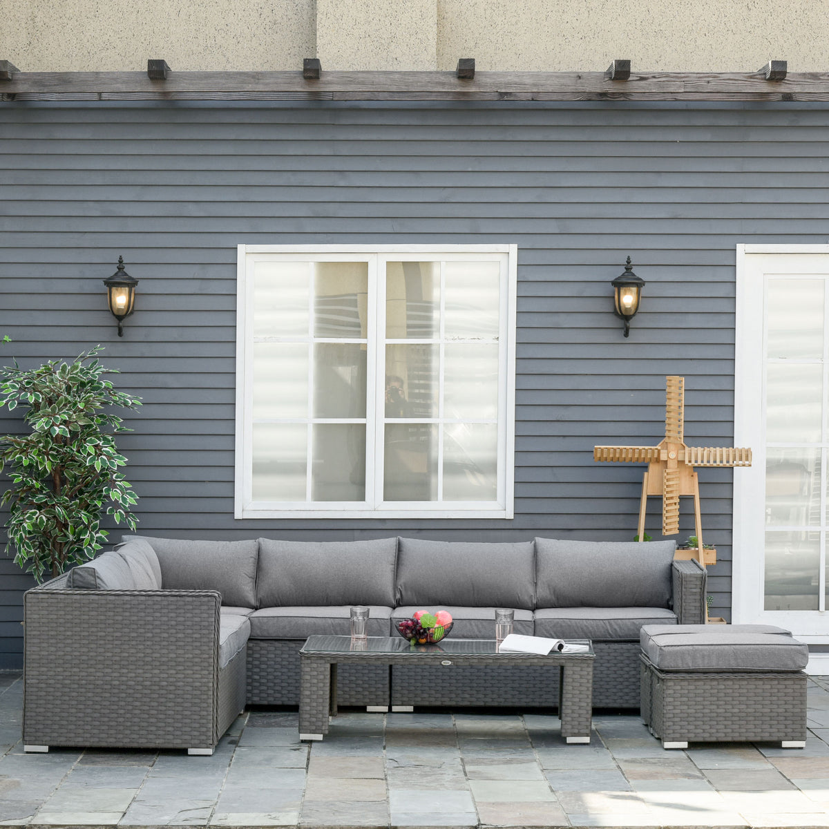 6 PCs PE Rattan Wicker Corner Sofa Set Coffee Table Footstool with Cushion - Grey