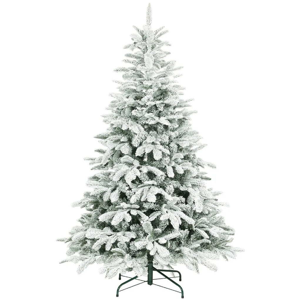6 ft Artificial Flocked Christmas Tree with 1182 Branches, Hinged Xmas Tree with Foldable Metal Stand, Easy Assembly for Home Office Decor