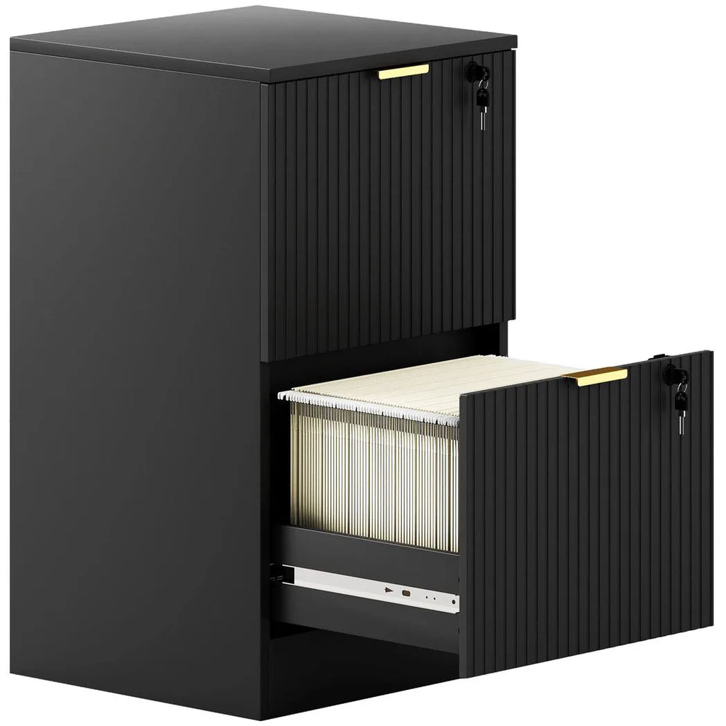 Filing Cabinet, Fluted Vertical File Cabinet with 2 Lockable Drawers and Hanging Rails, Black