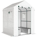 Outsunny Small Greenhouse with Raised Garden Bed, Galvanised Walk-in Greenhouse with Roll Up Windows, 141 x 141 x 190 cm, White