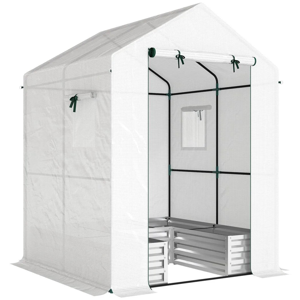 Outsunny Small Greenhouse with Raised Garden Bed, Galvanised Walk-in Greenhouse with Roll Up Windows, 141 x 141 x 190 cm, White
