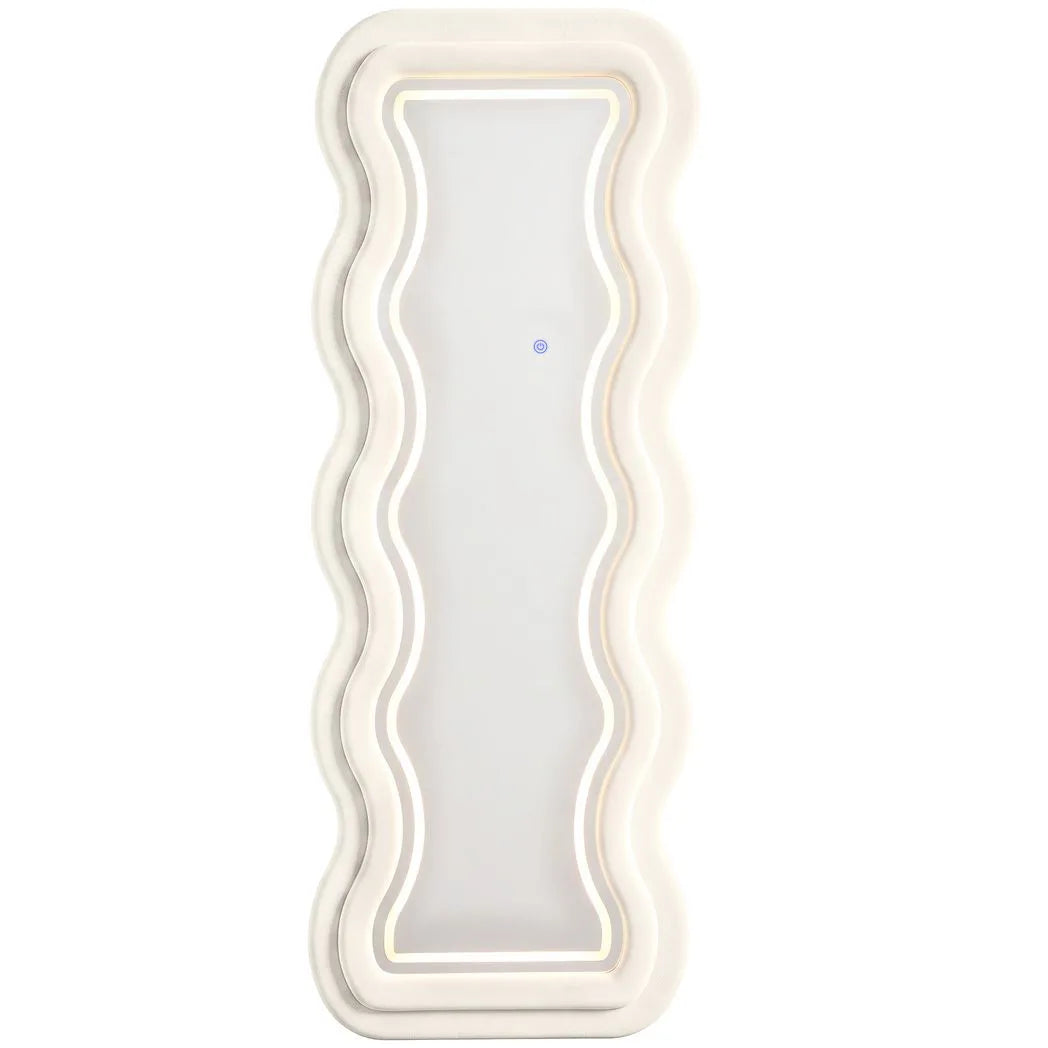 Full Length Mirror, 160 x 60 cm Wavy Full Body Wall Standing Mirror with Velvet Frame and LED Light Strip, Cream White