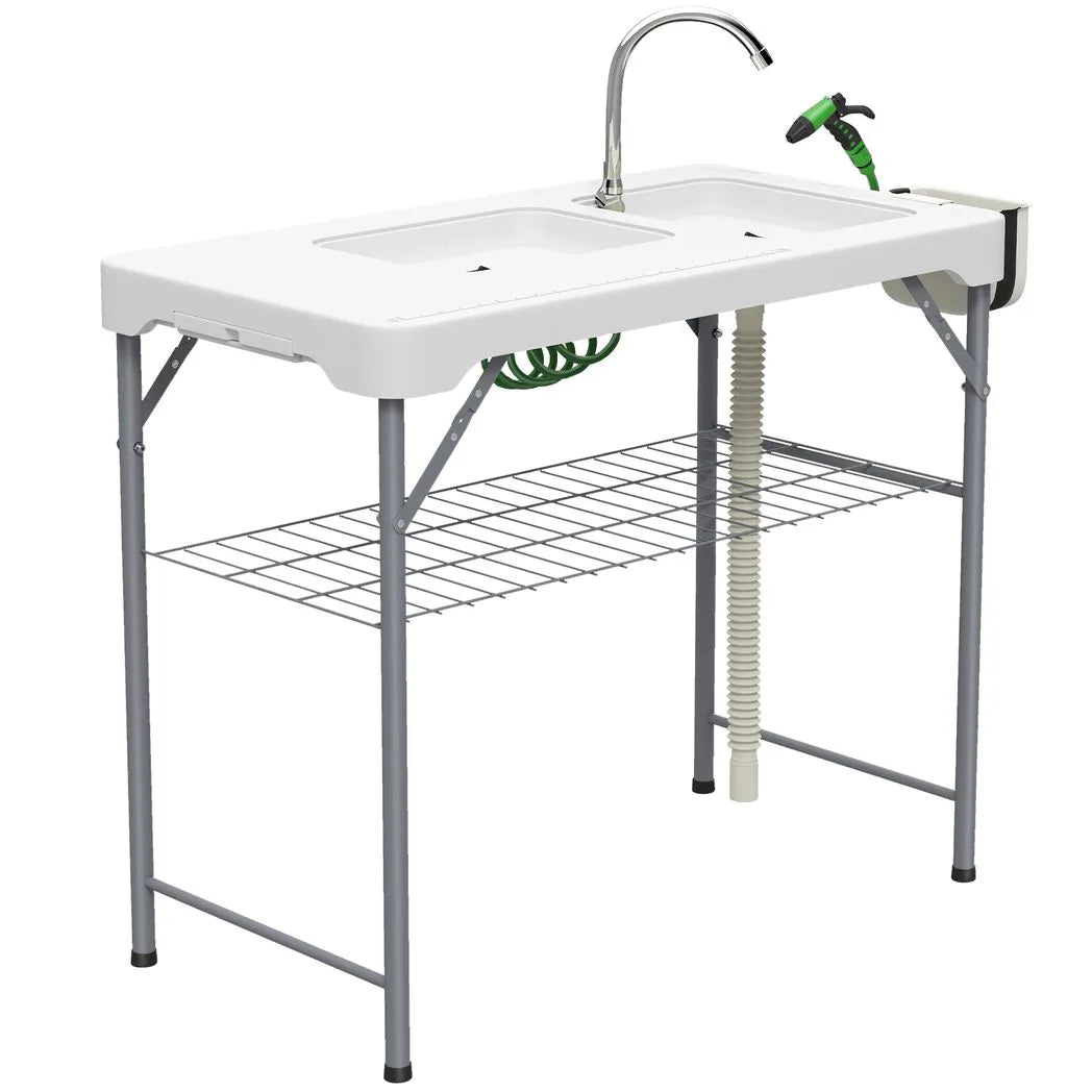 Outsunny Folding Fish Cleaning Table with Sinks, Portable Camping Sink Table with Faucet, Drainage Hose