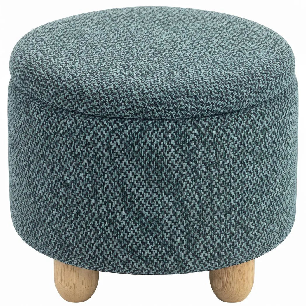 Storage Sitting Bench with Lid, Round Storage Ottoman with Rubberwood Legs, Dark Blue