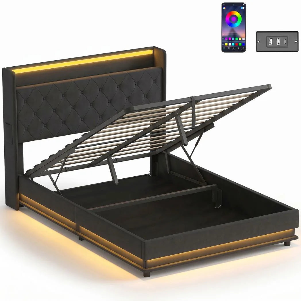 4ft6 Double Bed Frame with Headboard, Platform Bed Frame with Hydraulic Storage, LED Lights and Charging Station, Black