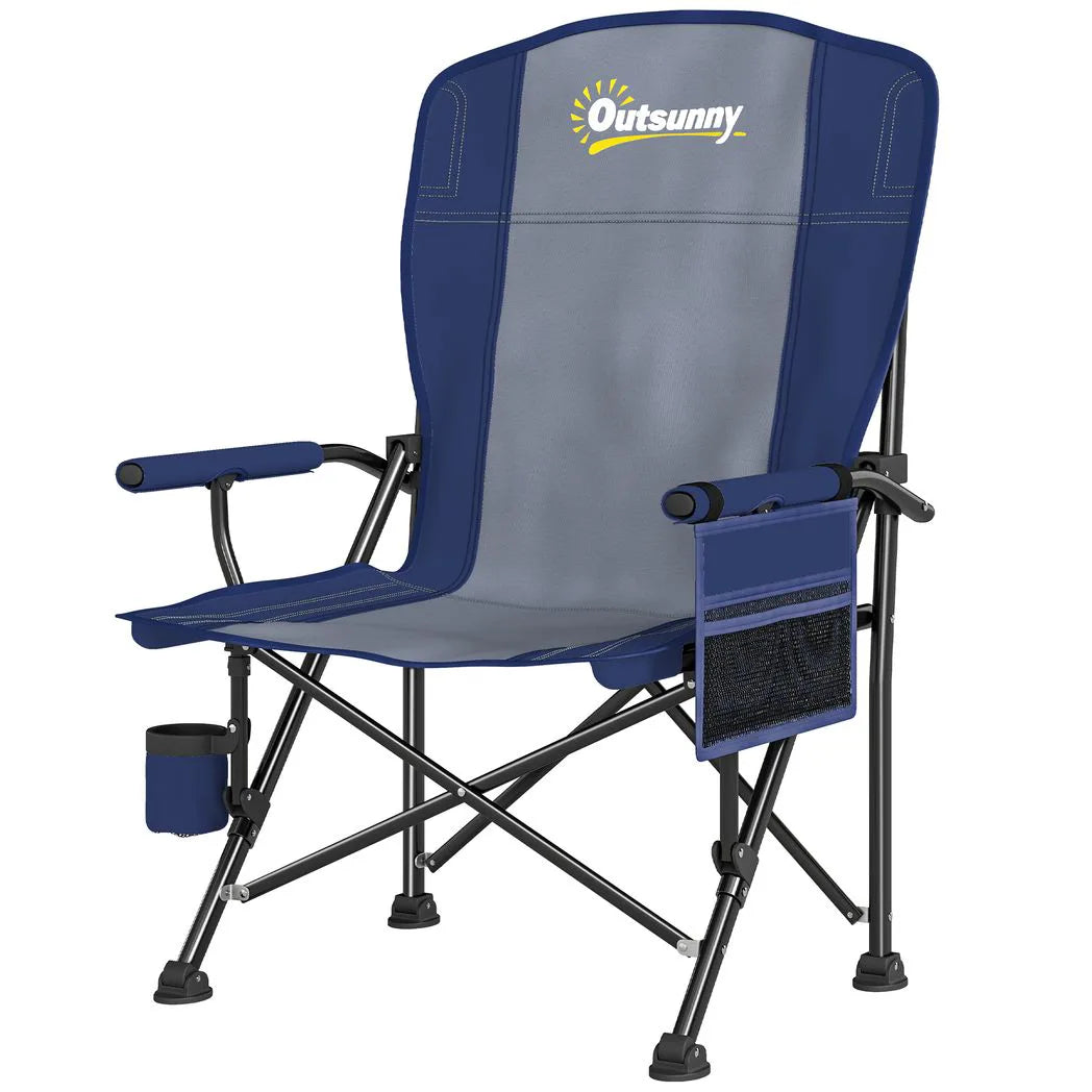 Outsunny Padded Camping Chair Adults Heavy Duty Folding Chair Side Pocket Cup Holder Carry Bag Outdoor Dark Blue