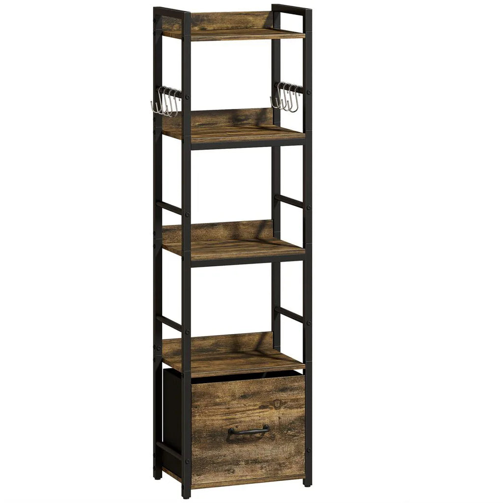 4-Tier Bookshelf, Narrow Bookcase with Drawer, 8 Hooks, Metal Frame, Rustic Brown