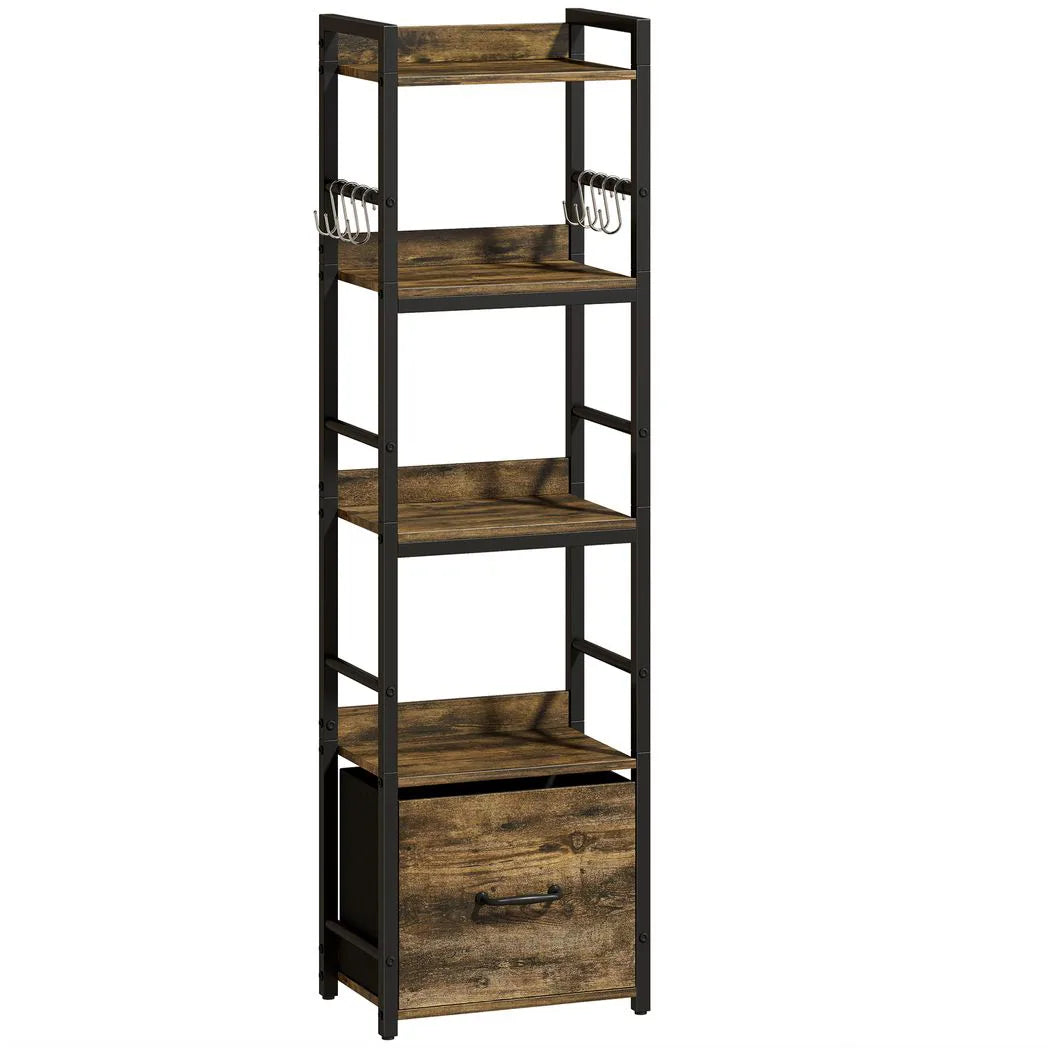 4-Tier Bookshelf, Narrow Bookcase with Drawer, 8 Hooks, Metal Frame, Rustic Brown