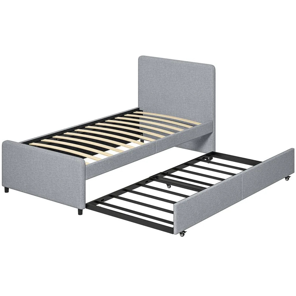 3ft Single Bed Frame with Trundle, Upholstered Pull Out Trundle Bed with Headboard and Footboard, Light Grey