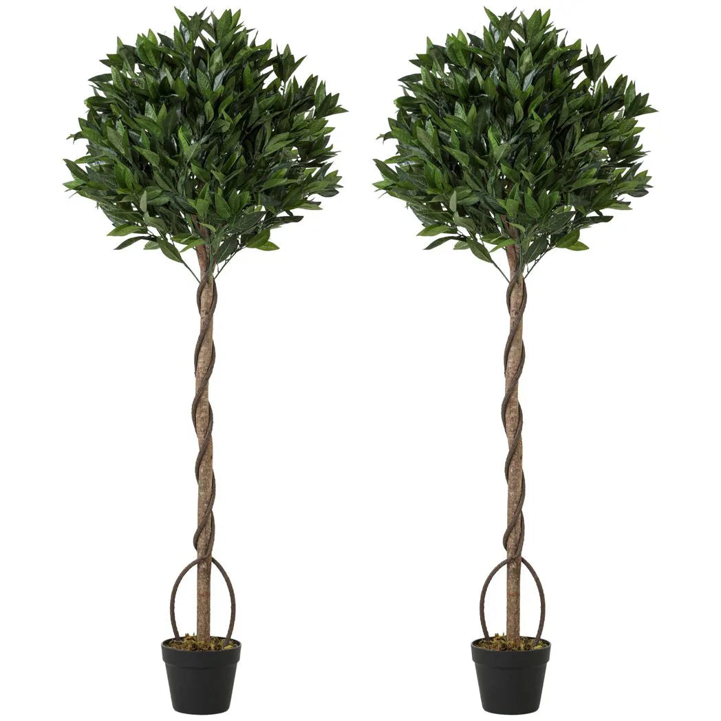 Outsunny Realistic Lush Topiary Ball Tree, Artificial Bay Laurel Topiary Trees with Weighted Pot, Set of 2, Green