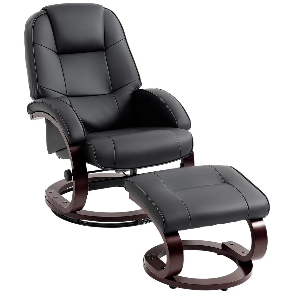 Swivel Recliner Chair with Footstool, PU Leather Recliner Armchair with Adjustable Back and Wood Frame, Black