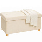 Velvet Upholstered Foldable Ottoman Footrest, Storage Ottoman Bench with Wood Legs for Living Room, Cream White