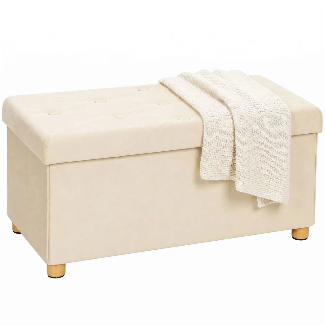 Velvet Upholstered Foldable Ottoman Footrest, Storage Ottoman Bench with Wood Legs for Living Room, Cream White