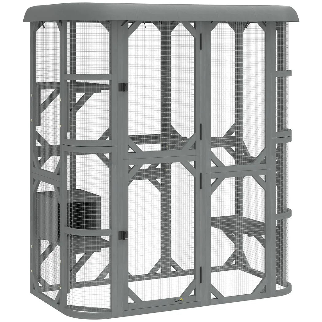 PawHut Catio Outdoor Cat Enclosure, Wooden Cat House with Platforms, Condo and Waterproof Cover for 2?3 Kittens, Grey