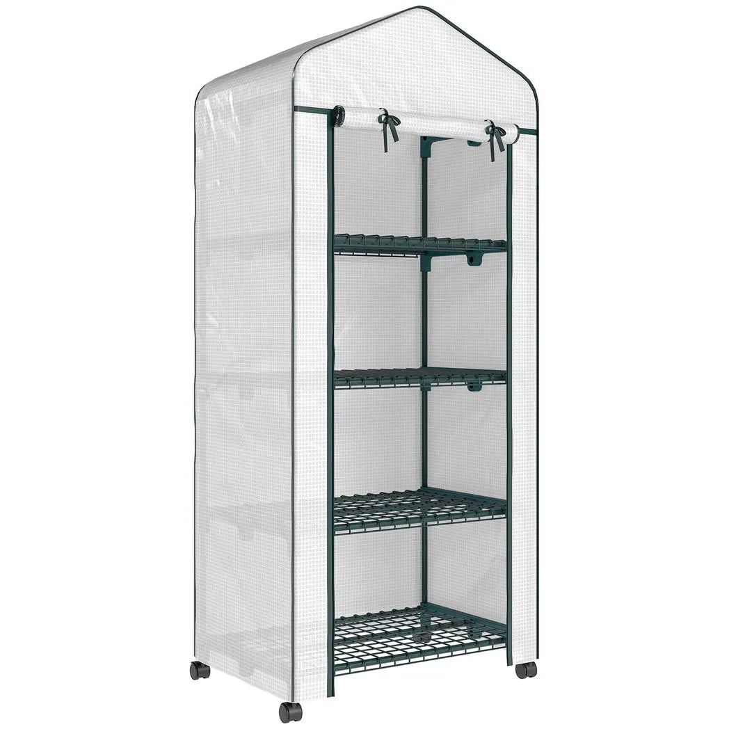 Outsunny 4 Tier Mini Portable Greenhouse Compact Plant Grow Shed Metal Frame PE Cover with Lockable Rolling Wheels, White