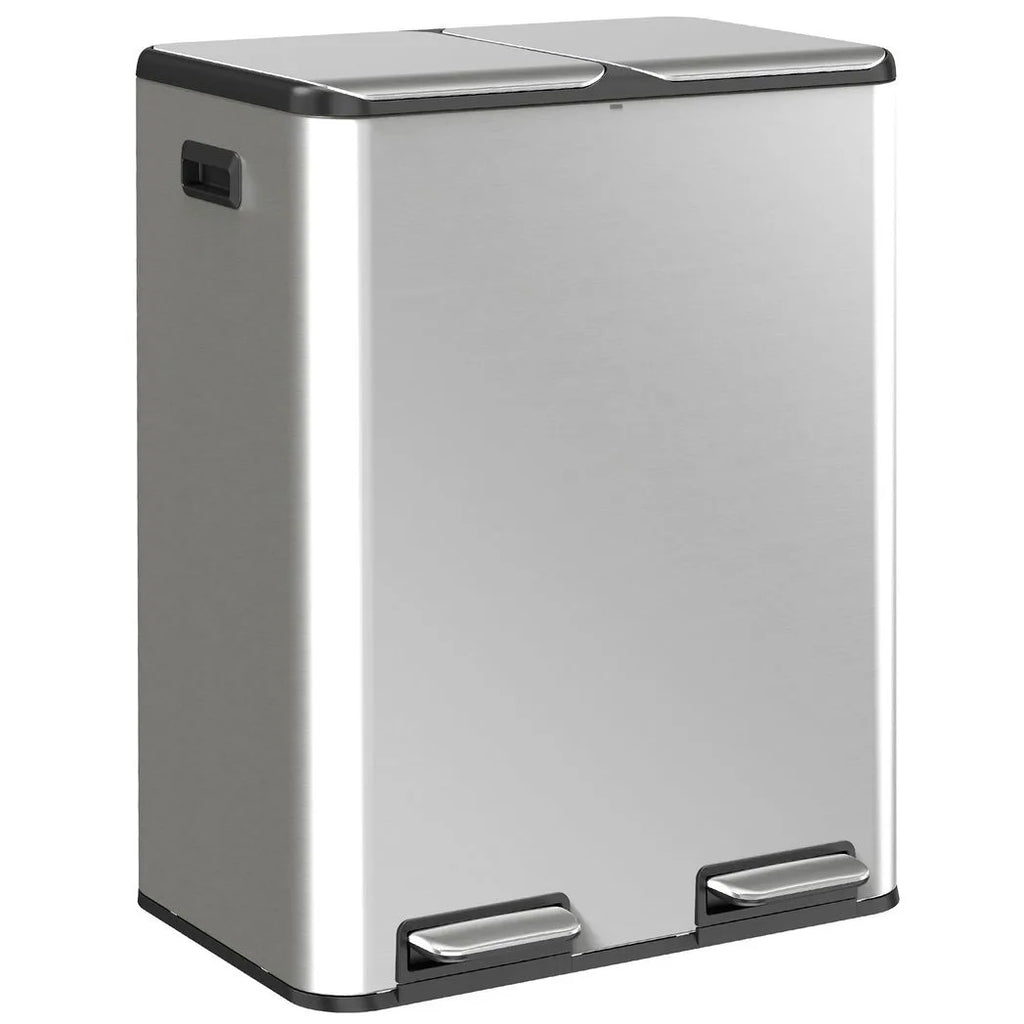 2 x 30L Double Kitchen Bin, Stainless Steel Pedal Rubbish Bin with Dual Compartments, Soft Close Lids, Silver Tone