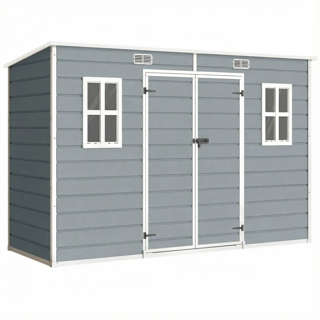 Outsunny 10 x 4 ft Resin Garden Shed, Outdoor Storage Shed with Floor, Windows, Lockable Doors and Vents, Grey
