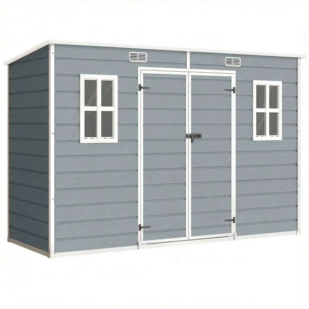 Outsunny 10 x 4 ft Resin Garden Shed, Outdoor Storage Shed with Floor, Windows, Lockable Doors and Vents, Grey