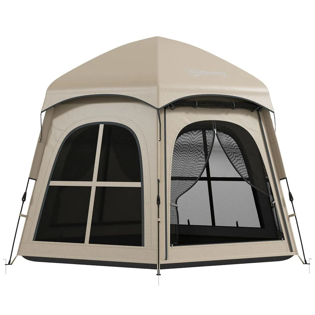Outsunny Pop Up Tent 3000mm Waterproof Instant Camping Tent 3-4 Person with 2 Doors 4 Windows Khaki