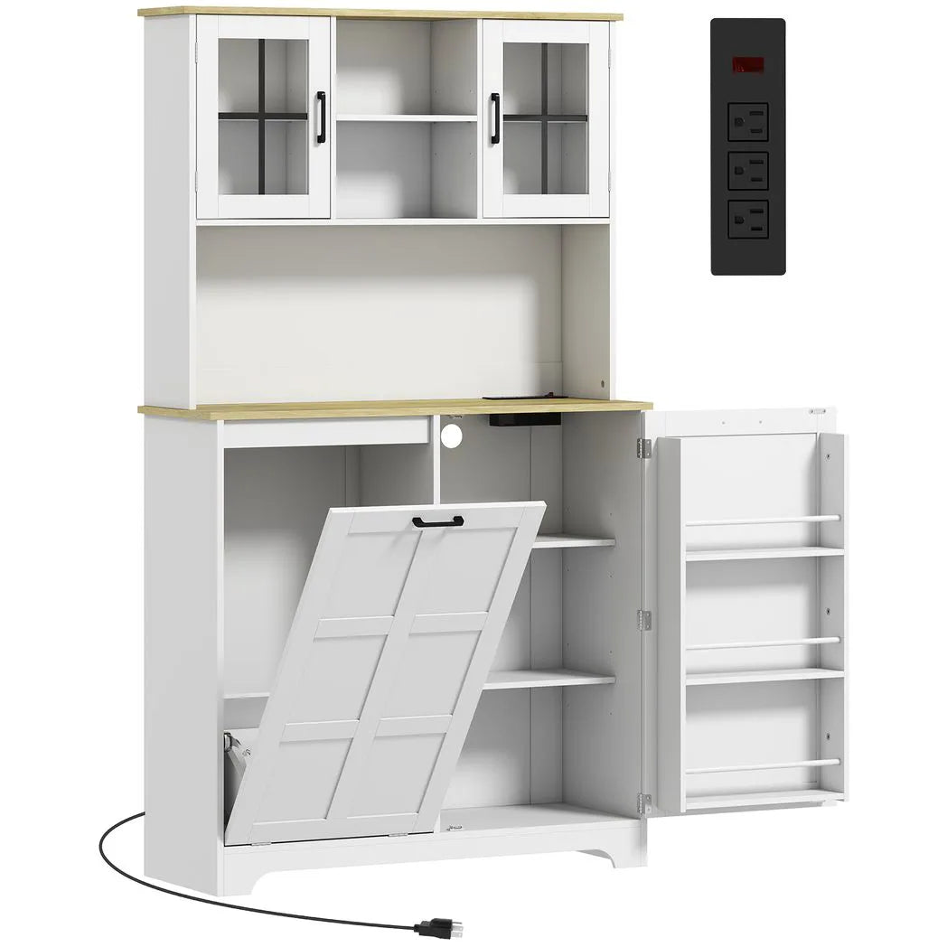 175cm Tall Kitchen Cabinet, Kitchen Cupboard with Rubbish Bin Cabinet, 3 Door Shelves and 2 Acrylic Doors, White