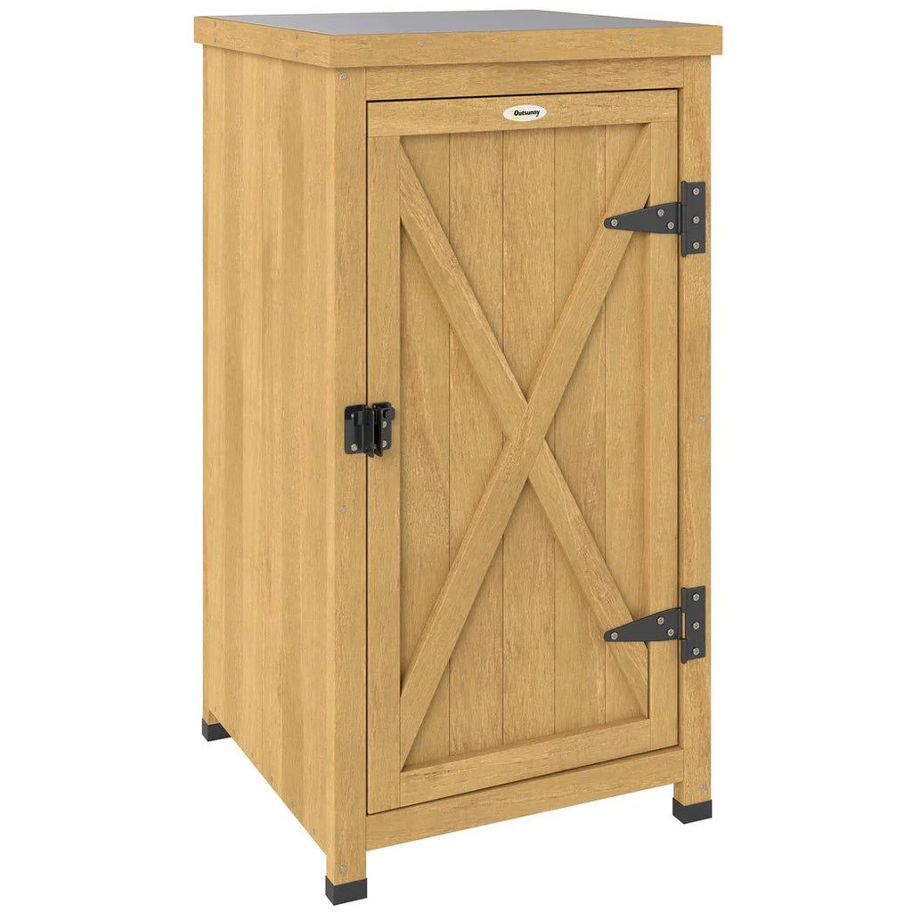 Outsunny Wooden Garden Shed, Garden Tool Storage Shed with Metal Top and Shelf, Light Brown