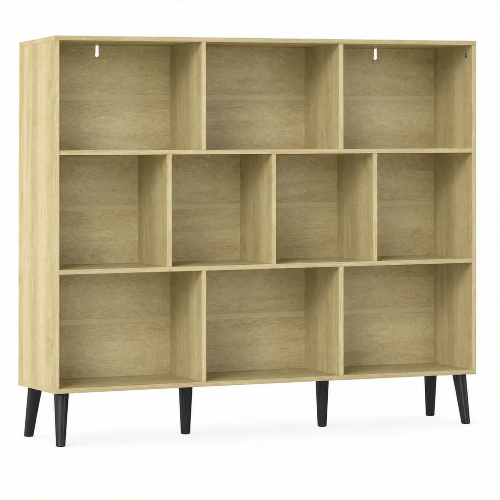 10-Cube Bookcase, 3-Tier Book Shelf with Solid Wood Legs, 140 cm Modern Bookshelf with Anti-Tip Kit, Oak