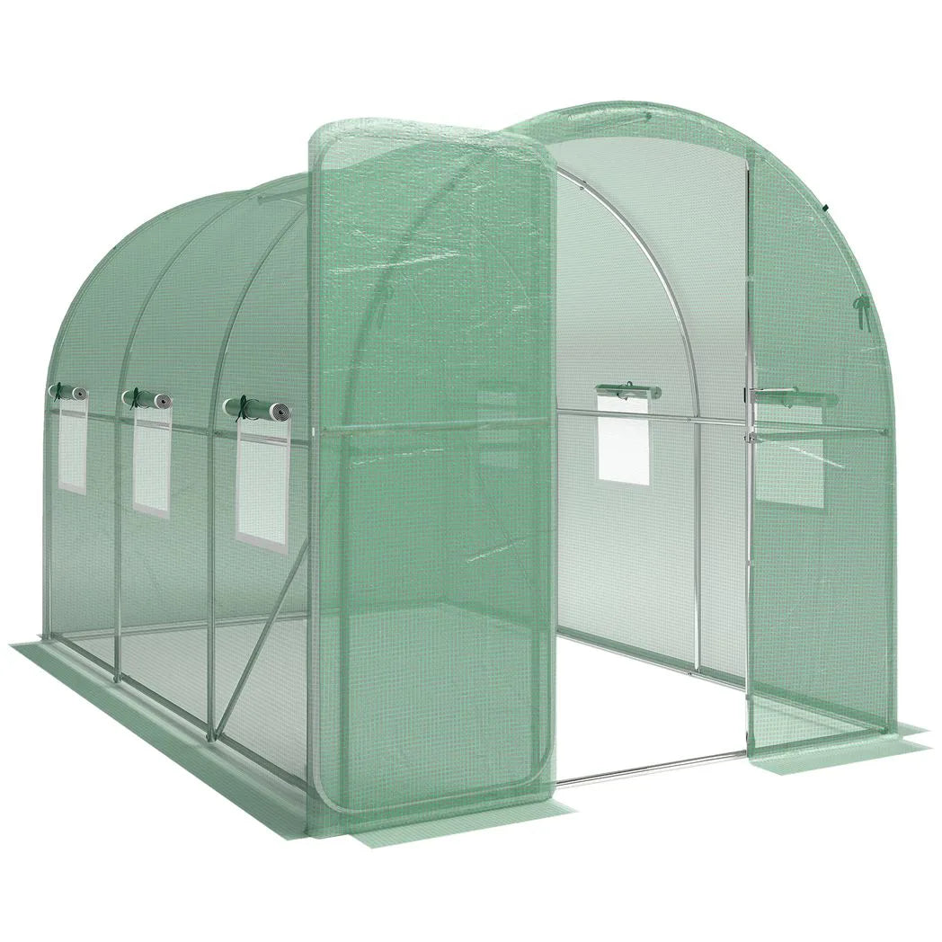 Outsunny 2 x 3 m Walk-in Polytunnel Greenhouse with Hinged Door and 6 Roll Up Mesh Windows, Garden Tunnel Warm House Tent, Green