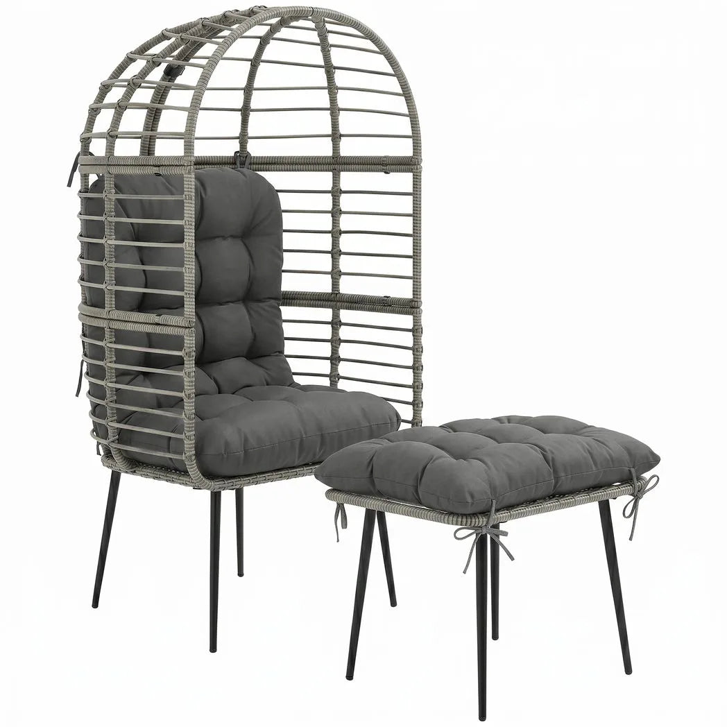 Outsunny Garden Egg Chair with Footstool, Rattan Indoor Outdoor Lounge Chair and Ottoman Set with Thick Cushions, Light Grey
