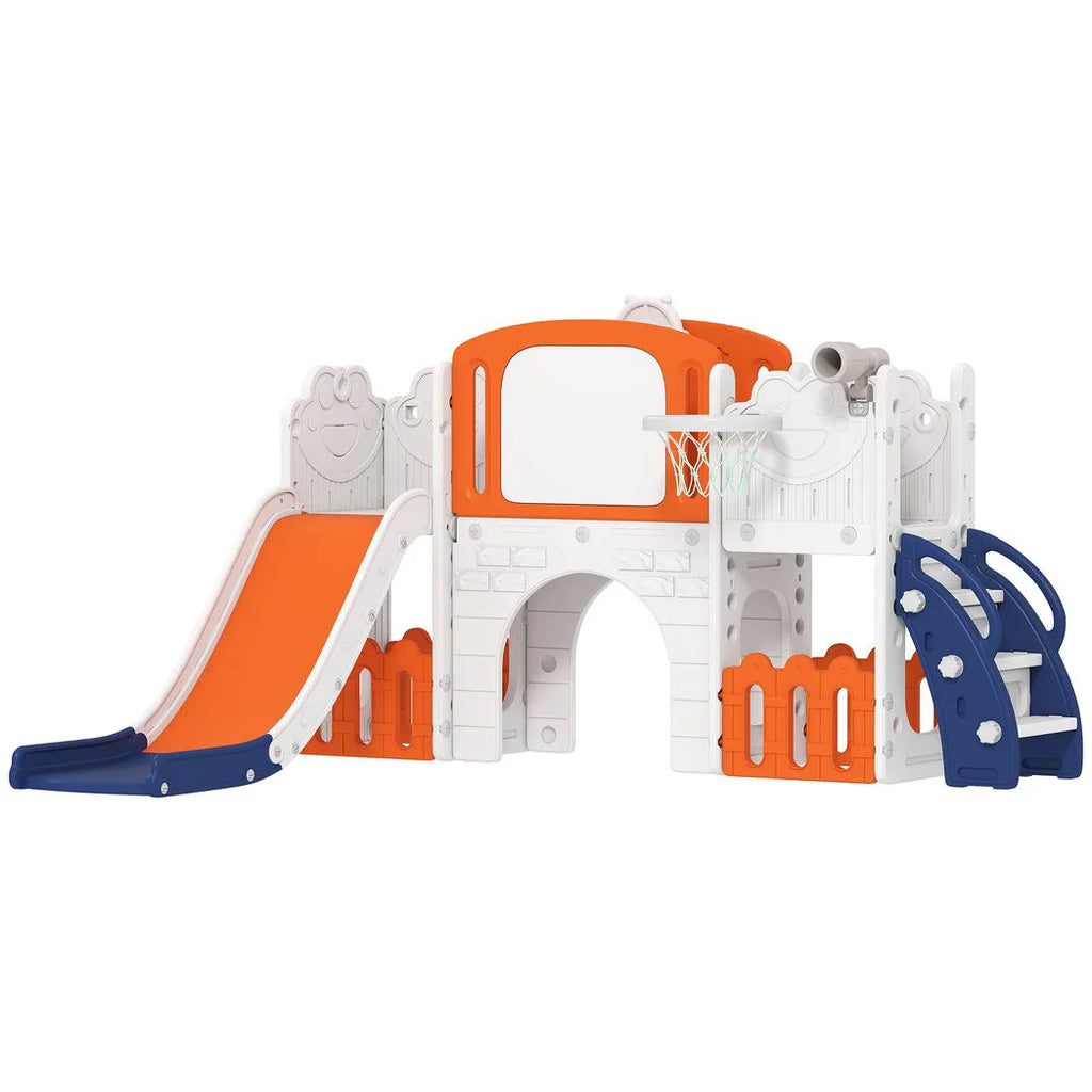 AIYAPLAY 7 in 1 Toddler Slide Set with Basketball Hoop, Climbing Frame, Telescope, Drawing Board, Storage Box, Orange