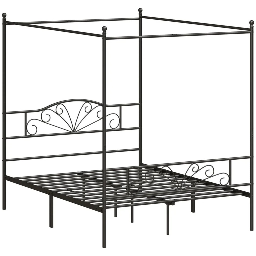 Canopy Bed Frame Double Size, Metal Platform Bed Frame with Headboard and Footboard, Underbed Storage, Black