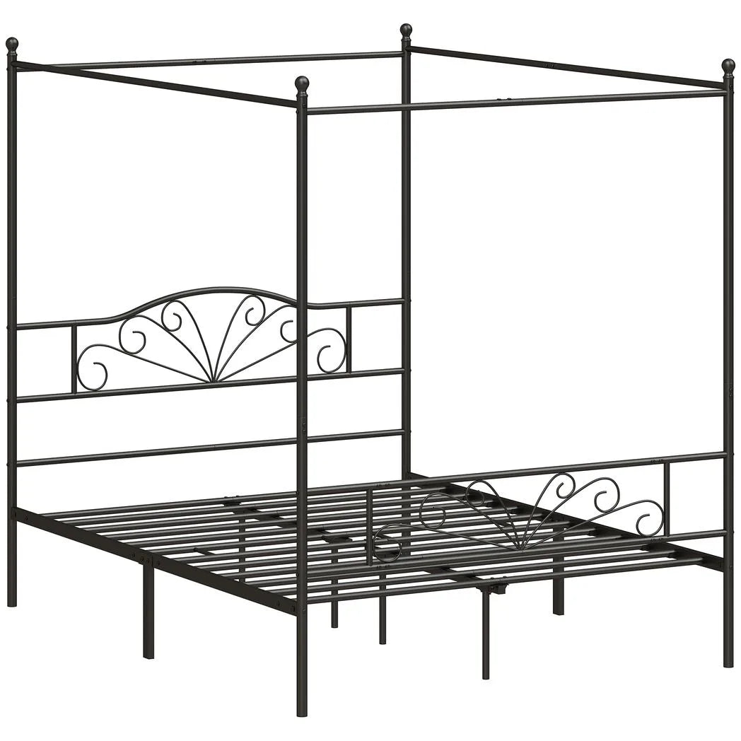 Canopy Bed Frame Double Size, Metal Platform Bed Frame with Headboard and Footboard, Underbed Storage, Black