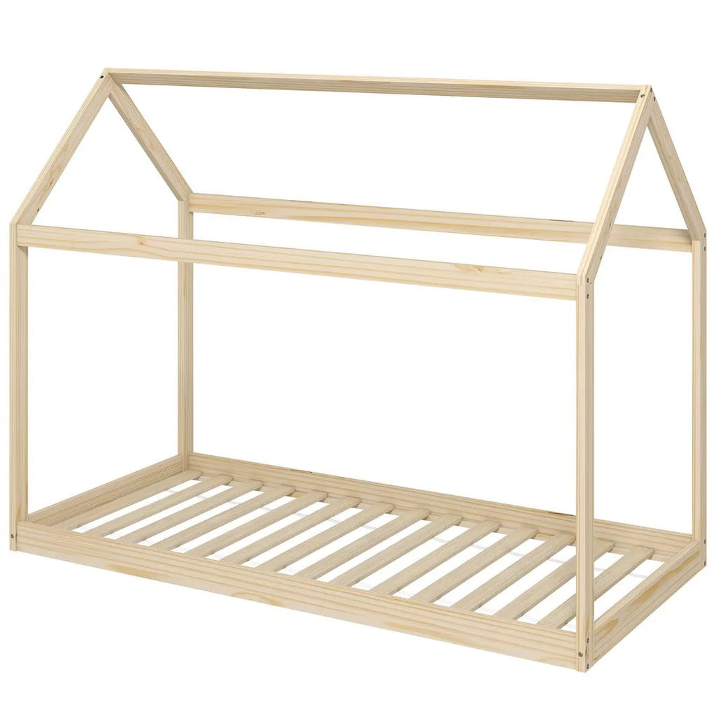 Single Bed Frame, House Scandinavian Wooden Bed Frame for 90W x 190Dcm Mattress, Pine Wood Bed Base, Natural Wood Finish