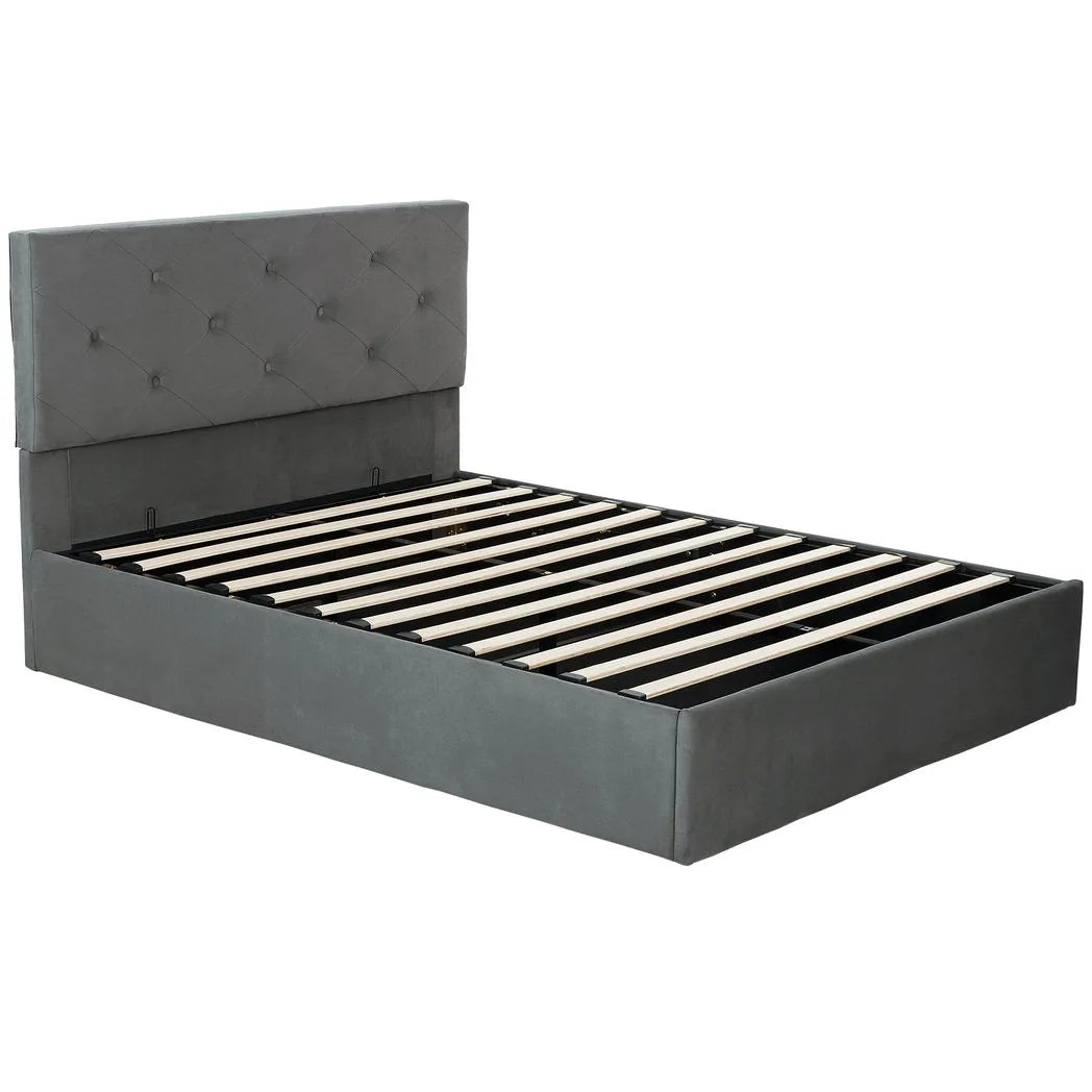 Double Bed Frame Gas End Lift Under Bed Storage Upholstered Platform Bed Tufted Headboard for 140 x 190 cm Mattress
