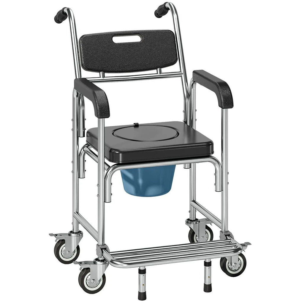 Transport Beside Shower Chair, 3-in-1 Commode Chair with Wheels and Padded Seat, Black